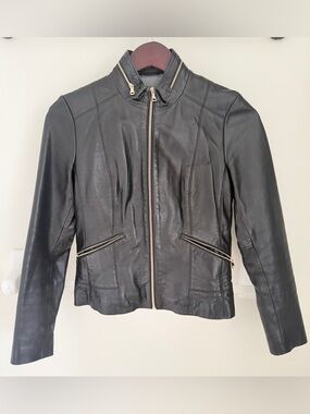 Massimo Dutti Black 100% Sheep Leather Zip-Front Women's Jacket